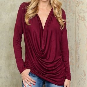 Celeste Draped Long-Sleeve Tunic in Burgundy
